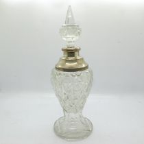 London hallmarked silver mounted cut glass perfume bottle with stopper, H: 21cm. UK P&P Group 2 (£