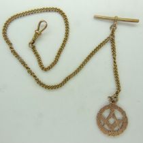 A 9ct gold Albert watch chain, with T-bar, clip and circular masonic fob, 17.2g. P&P Group 0 (£6+VAT
