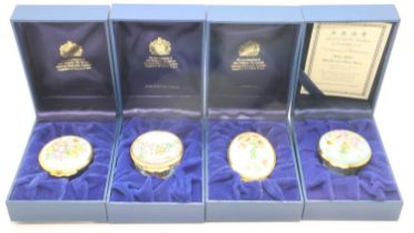 Four Halcyon Days enamel patch boxes, each with certificates. UK P&P Group 1 (£16+VAT for the