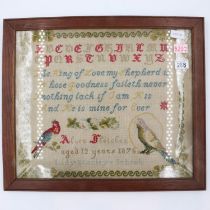 Victorian sampler by Alice Fletcher, 1876, of Lady Stanley's school, 48 x 41 cm. Not available for