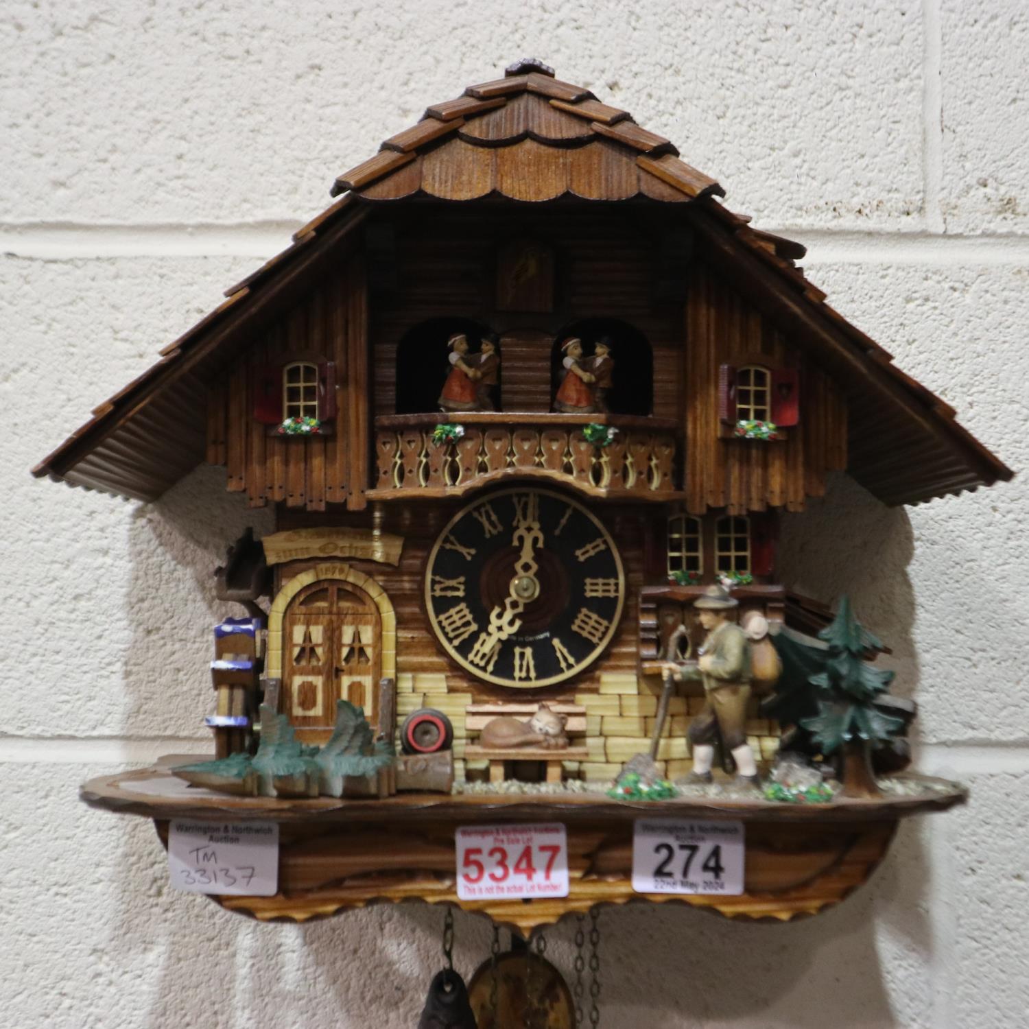 Swiss musical and autonomous Kathe Wohlfarth Black Forest clock, some trees are detached, H: 30 - Bild 2 aus 2