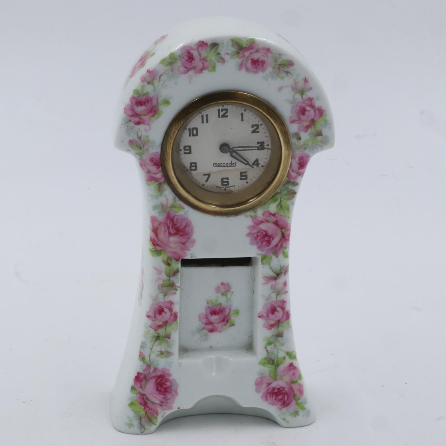 Mercedes ceramic mantel clock with incorporated match box, working, H: 20 cm. UK P&P Group 2 (£20+