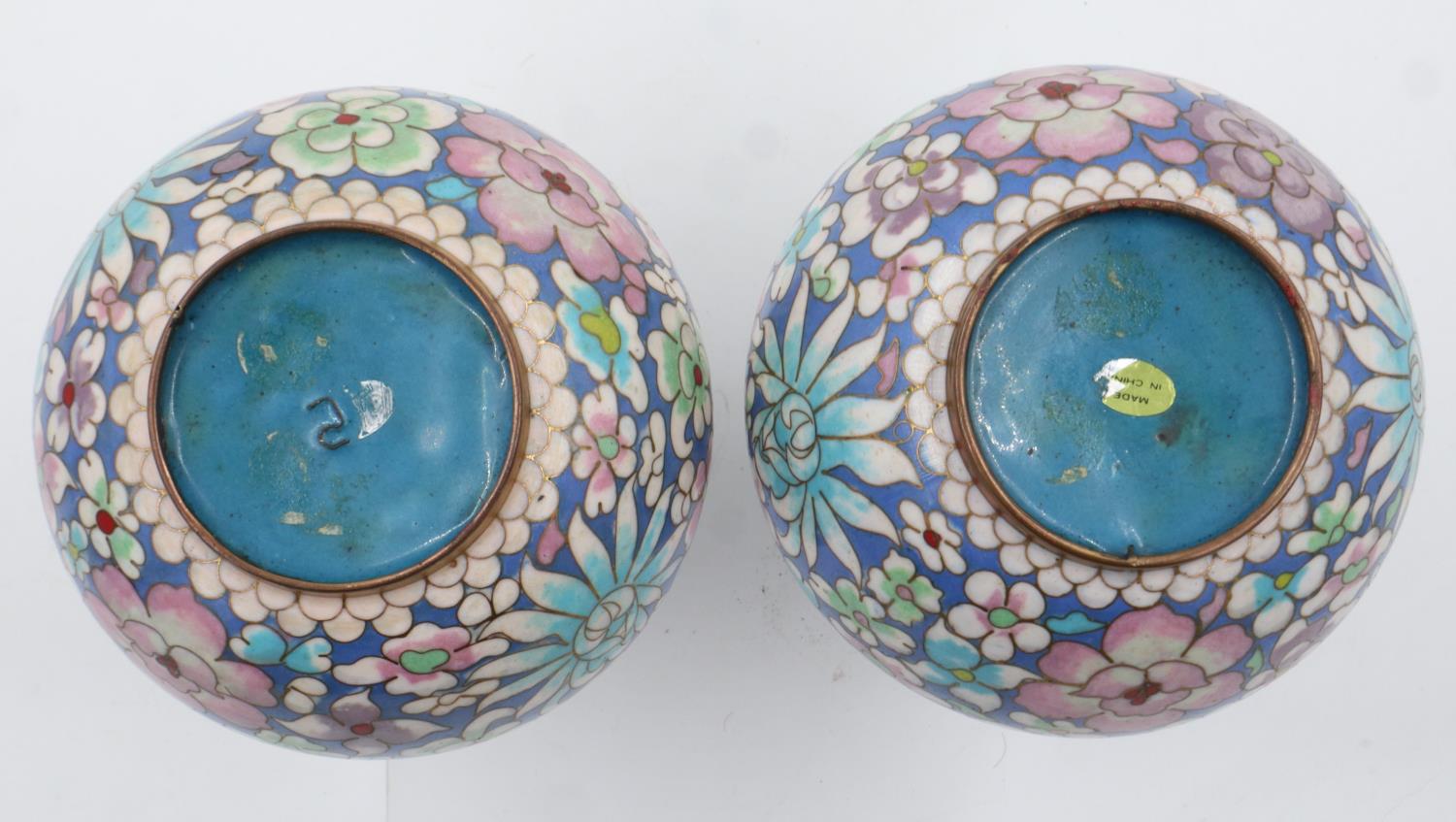 Pair of Chinese cloisonne bottle vases, each H: 18 cm, no chips or cracks. UK P&P Group 2 (£20+VAT - Image 2 of 2