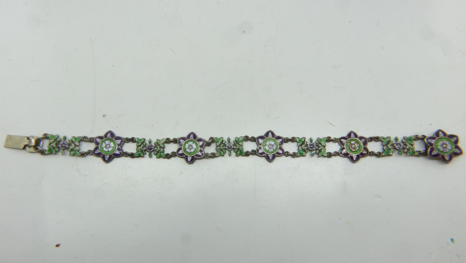 Enamelled silver panel bracelet, unmarked, L: 20 cm, 14g. UK P&P Group 0 (£6+VAT for the first lot - Image 2 of 2