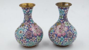 Pair of Chinese cloisonne bottle vases, each H: 18 cm, no chips or cracks. UK P&P Group 2 (£20+VAT