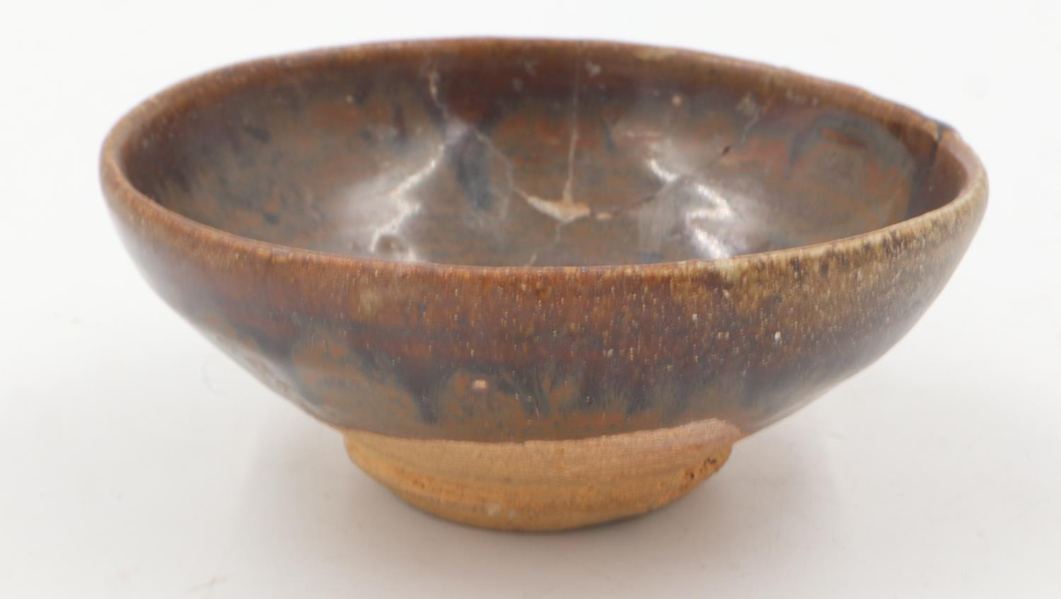 Southern Song Dynasty glazed hare fur footed bowl, chip to rim and repaired damage, D: 10 cm. UK P&P