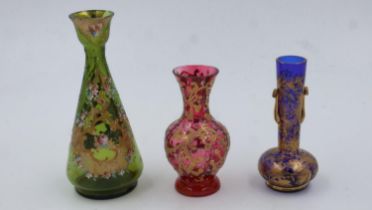 Three gilt coloured glass vases, has damages, largest H: 18 cm. UK P&P Group 2 (£20+VAT for the