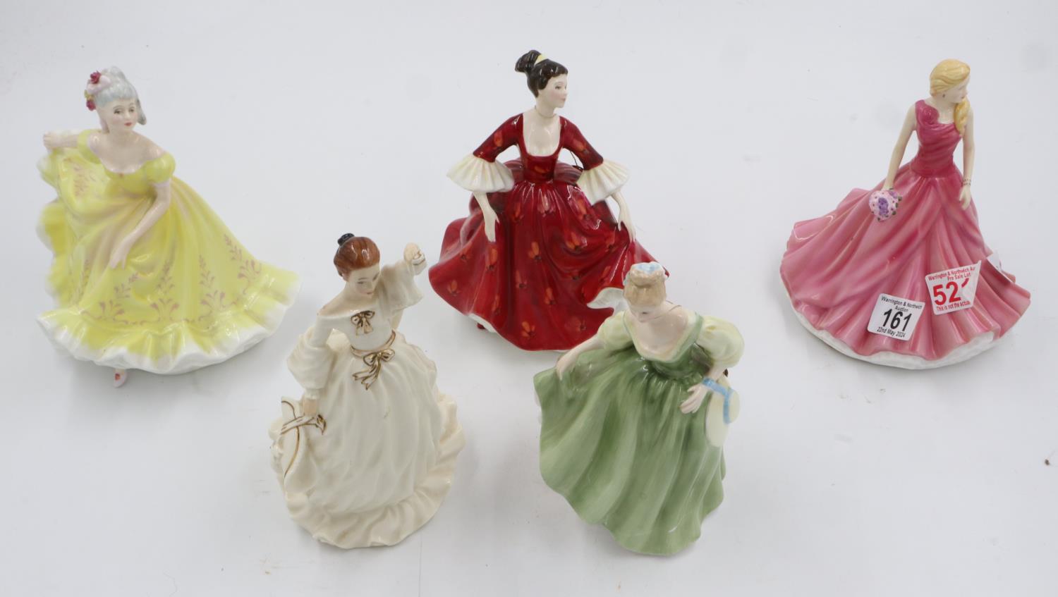Five Royal Doulton figurines, 1st quality, no damages, largest H: 21 cm, smallest H: 19 cm. UK P&P