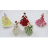 Five Royal Doulton figurines, 1st quality, no damages, largest H: 21 cm, smallest H: 19 cm. UK P&P