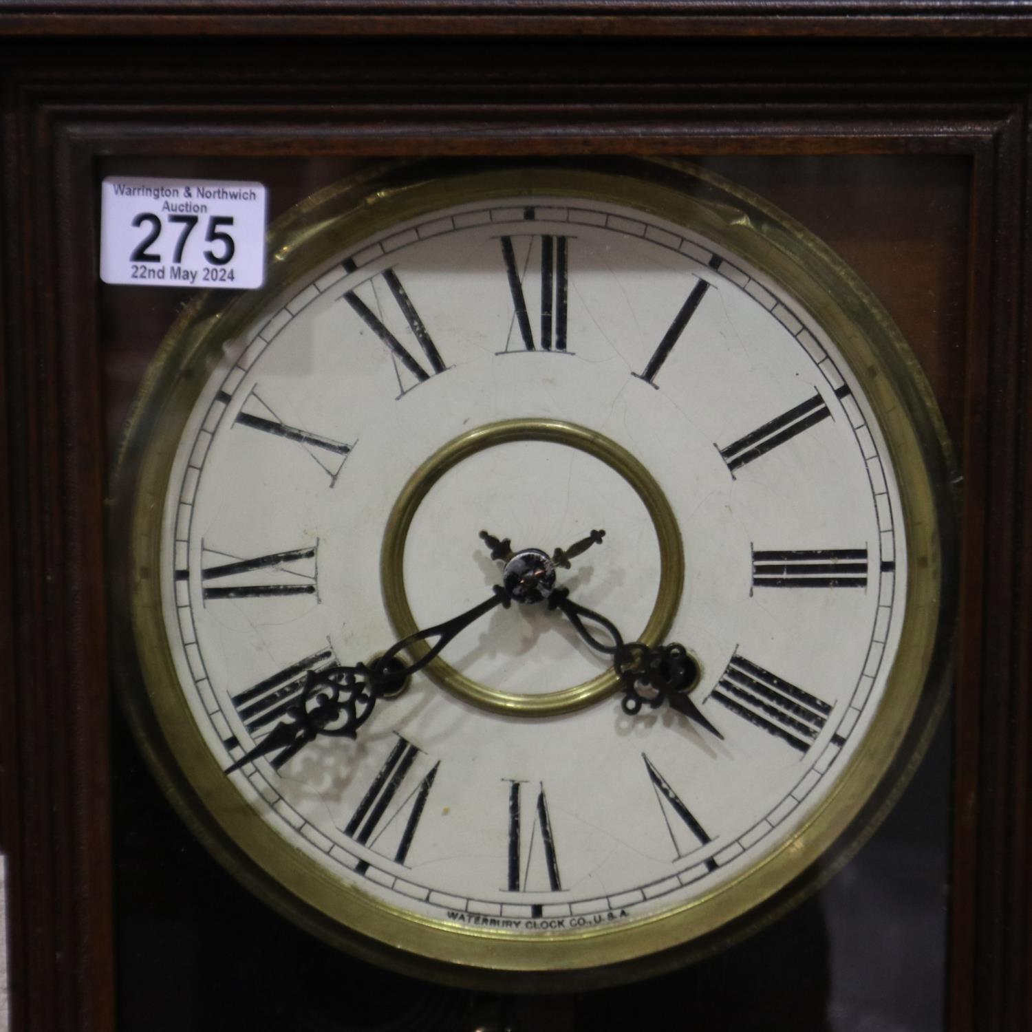 Waterbury (USA) wall clock, original labels on back, H: 85 cm. Not available for in-house P&P - Image 2 of 2