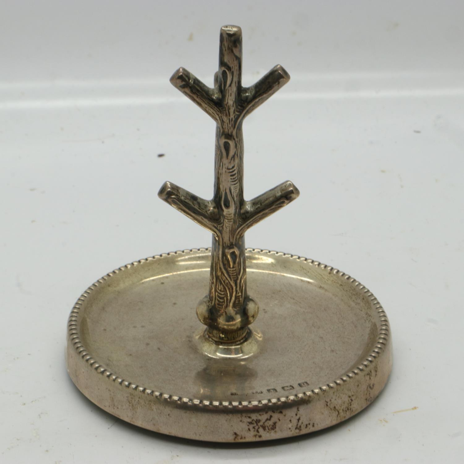 Hallmarked silver tree form ring stand, H: 8 cm. UK P&P Group 1 (£16+VAT for the first lot and £2+