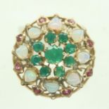 Eastern 14ct gold target ring, set with a multitude of emeralds, teardrop opals and rubies, size