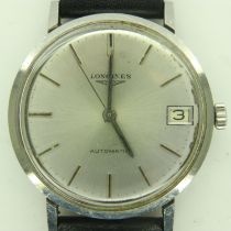 LONGINES: gents automatic wristwatch with silvered dial and date aperture on a black leather