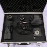 Fuji STX2 camera with three lenses and flash gun and carry case. Not available for in-house P&P