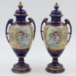 Pair of Noritaki hand painted fruit twin handled covered urns, each H: 35 cm. UK P&P Group 3 (£30+