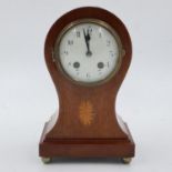 Inlaid walnut Edwardian chiming table clock, H: 28 cm. Not available for in-house P&P