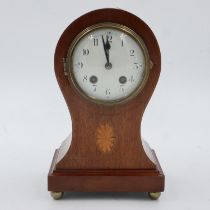 Inlaid walnut Edwardian chiming table clock, H: 28 cm. Not available for in-house P&P