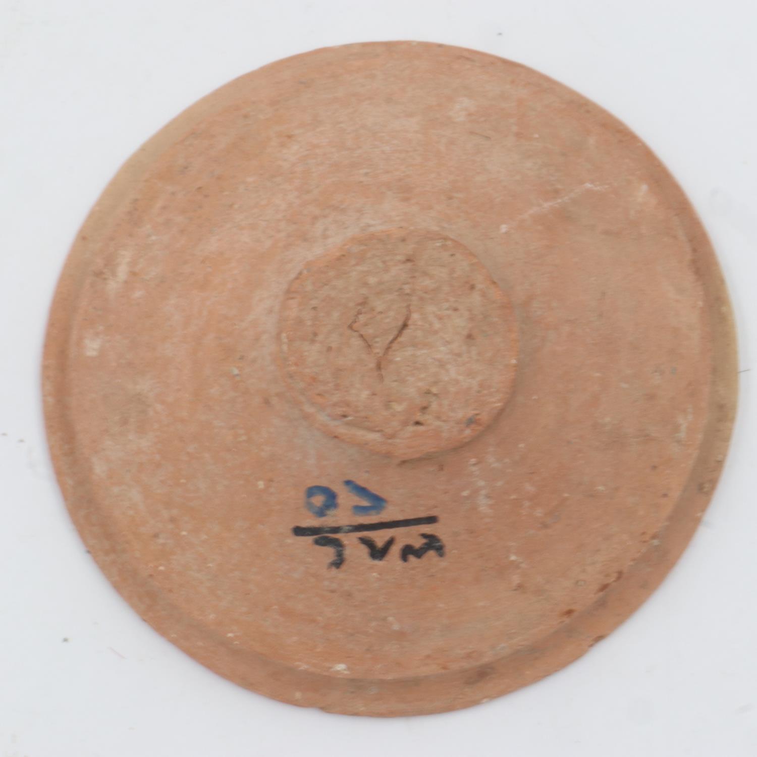 An early Han period terracotta footed bowl, collection number written to underside, D: 12 cm. UK P&P - Image 2 of 2