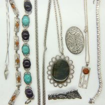Box of mixed silver jewellery, including pendant necklaces and bracelets. UK P&P Group 1 (£16+VAT