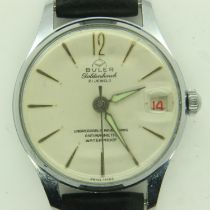 BULER: 21 jewel gents wristwatch, with date aperture, on black leather strap, working at lotting up.