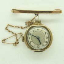 BERNEX: 9ct gold cased ladies nurses watch, brooch mount and safety chain, 10.4g. UK P&P Group 1 (£