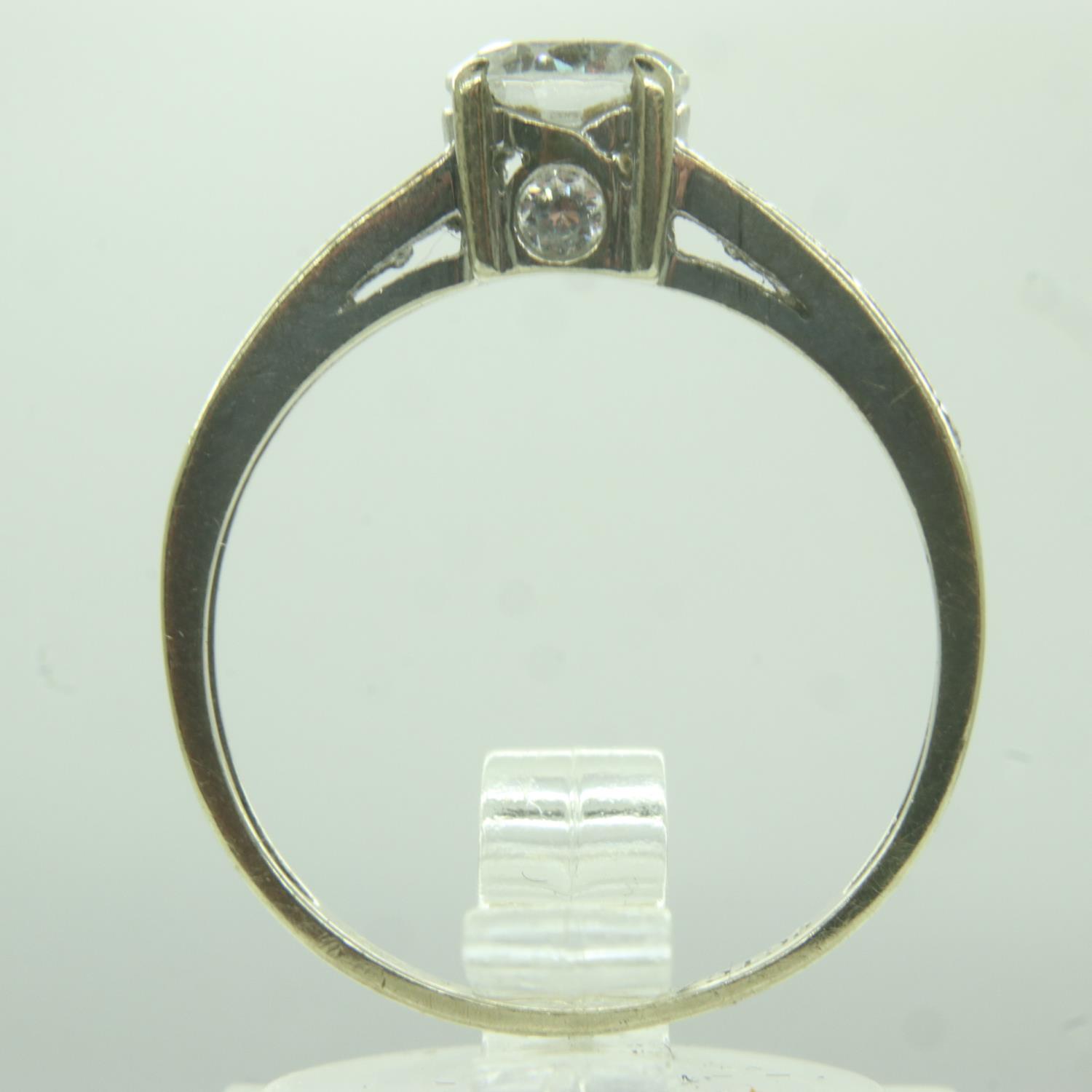 9ct white gold solitaire ring set with cubic zirconia and stone-set shoulders, size P/Q, 2.2g. UK - Image 2 of 3