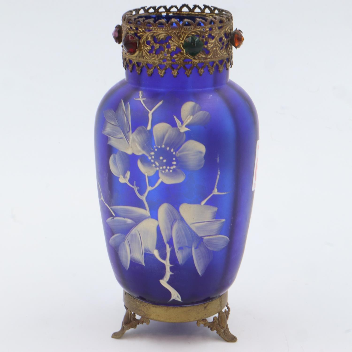 Brass mounted painted blue glass vase, H: 17 cm. UK P&P Group 2 (£20+VAT for the first lot and £4+