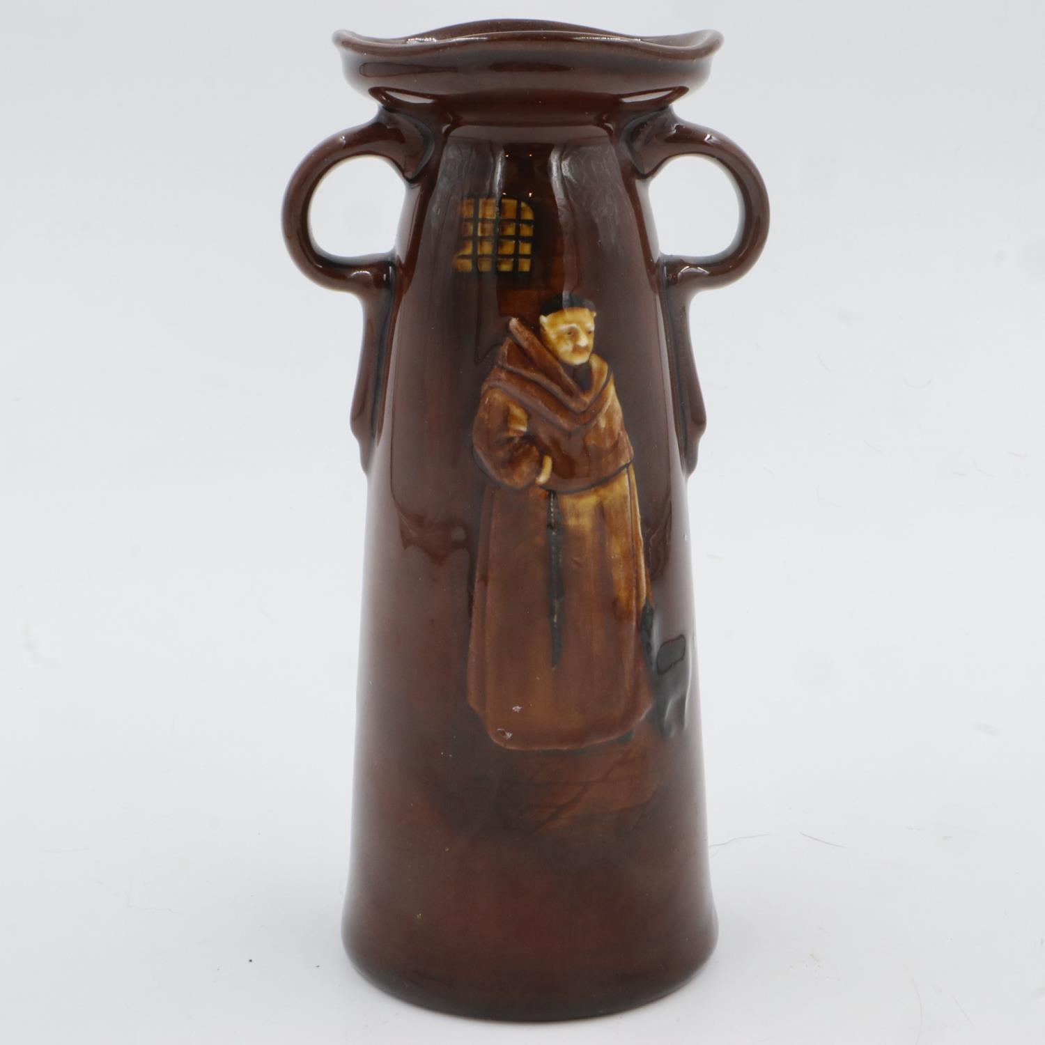 Royal Doulton twin handle vase in the Mardy Monk pattern, H: 19 cm, no chips or cracks. UK P&P Group