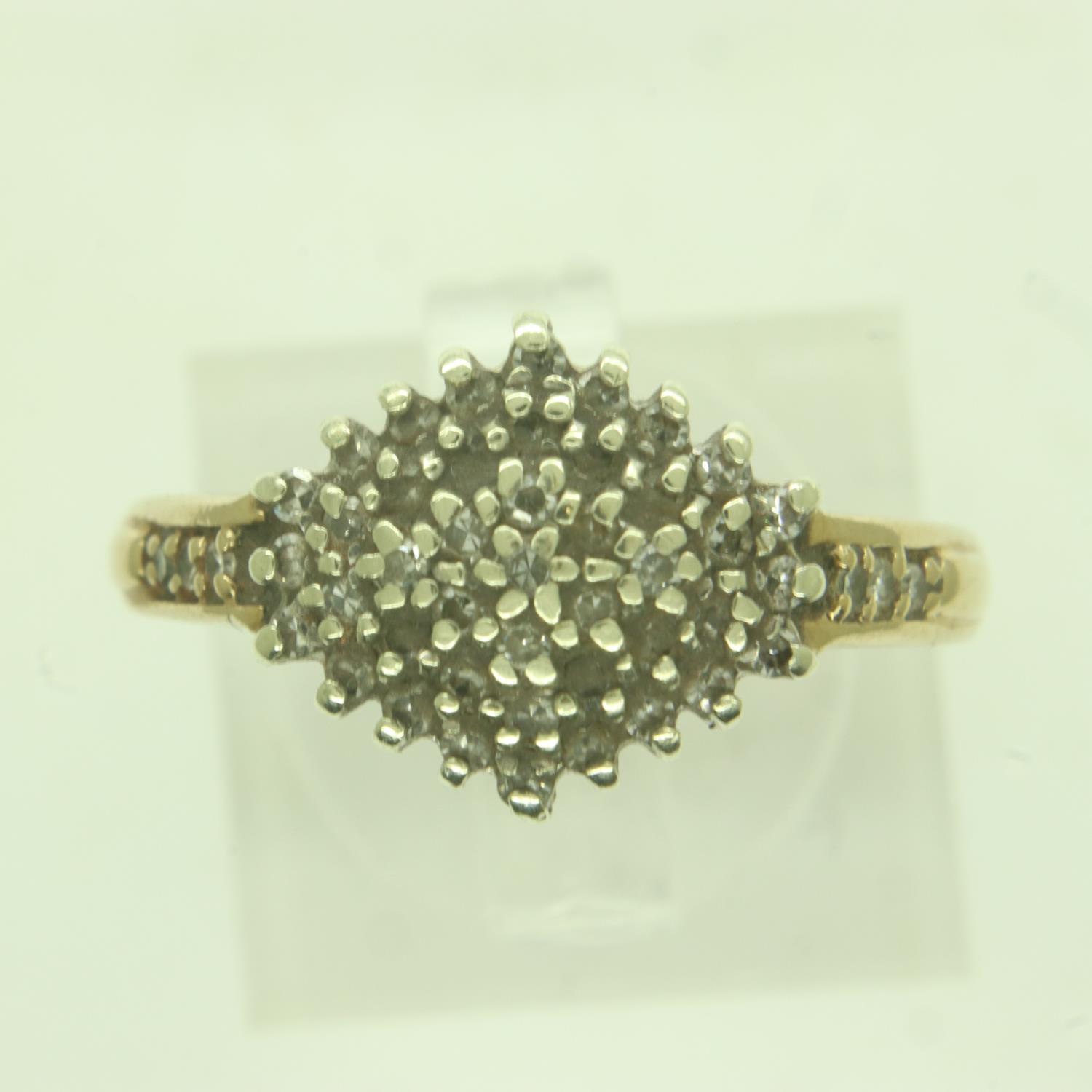 9ct gold diamond set cluster ring, size M, 3.4g. UK P&P Group 0 (£6+VAT for the first lot and £1+VAT