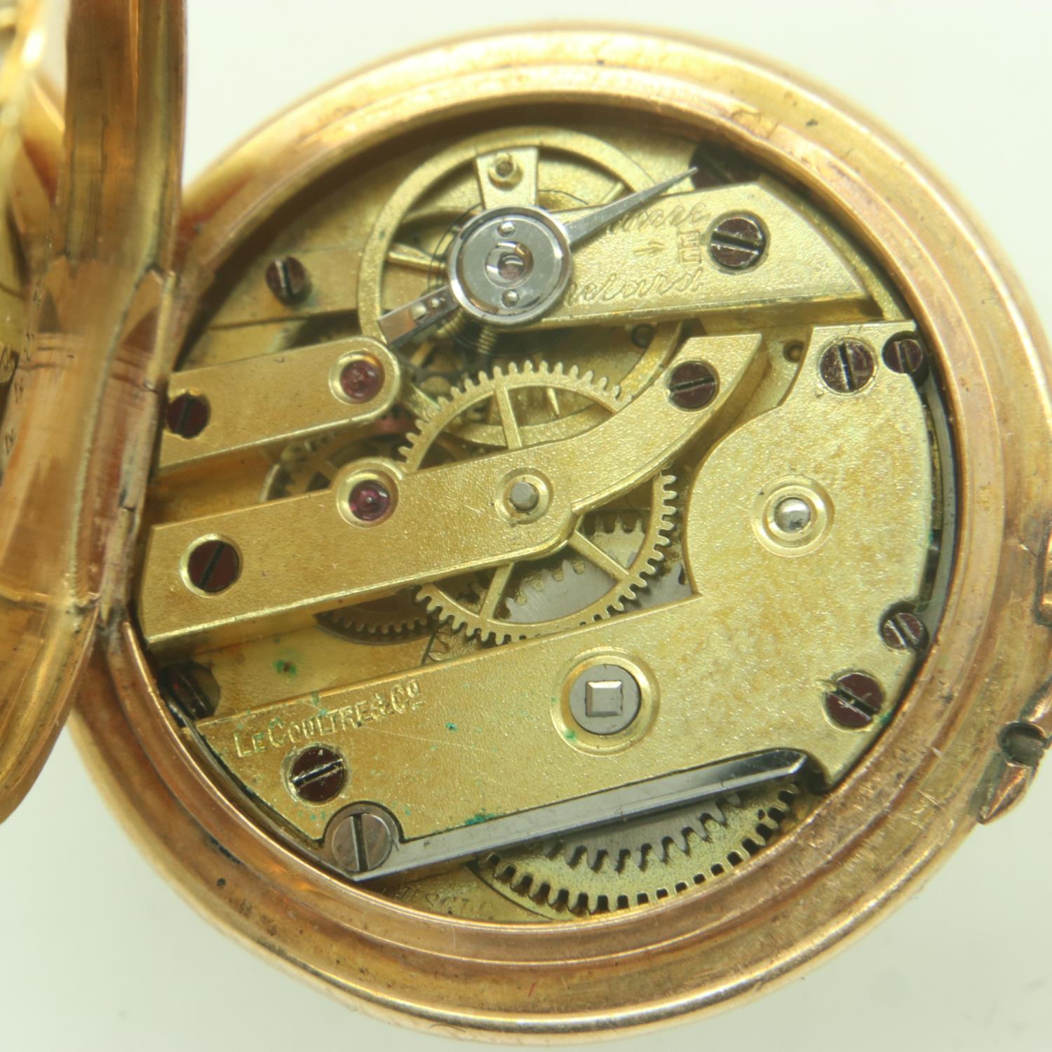 LE COULTRE: a French gold open face fob watch, the stone-set enamel dial having Roman chapters, - Image 4 of 5