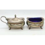 Hallmarked silver open salt and mustard blue glass liners, combined 131g. UK P&P Group 1 (£16+VAT