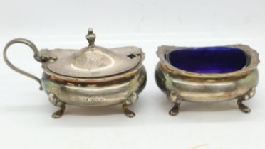 Hallmarked silver open salt and mustard blue glass liners, combined 131g. UK P&P Group 1 (£16+VAT