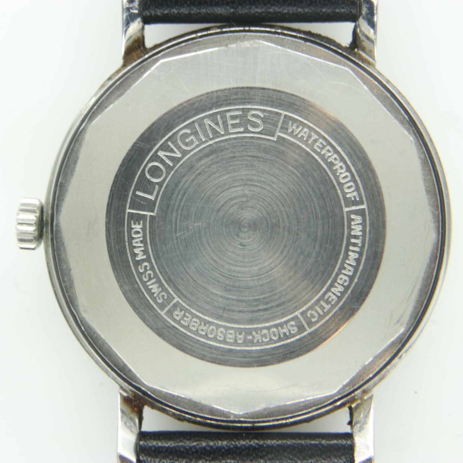 LONGINES: gents automatic wristwatch with silvered dial and date aperture on a black leather - Image 2 of 2