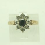 9ct gold sapphire and diamond set cluster ring, size L/M, 1.6g. UK P&P Group 0 (£6+VAT for the first