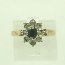9ct gold sapphire and diamond set cluster ring, size L/M, 1.6g. UK P&P Group 0 (£6+VAT for the first