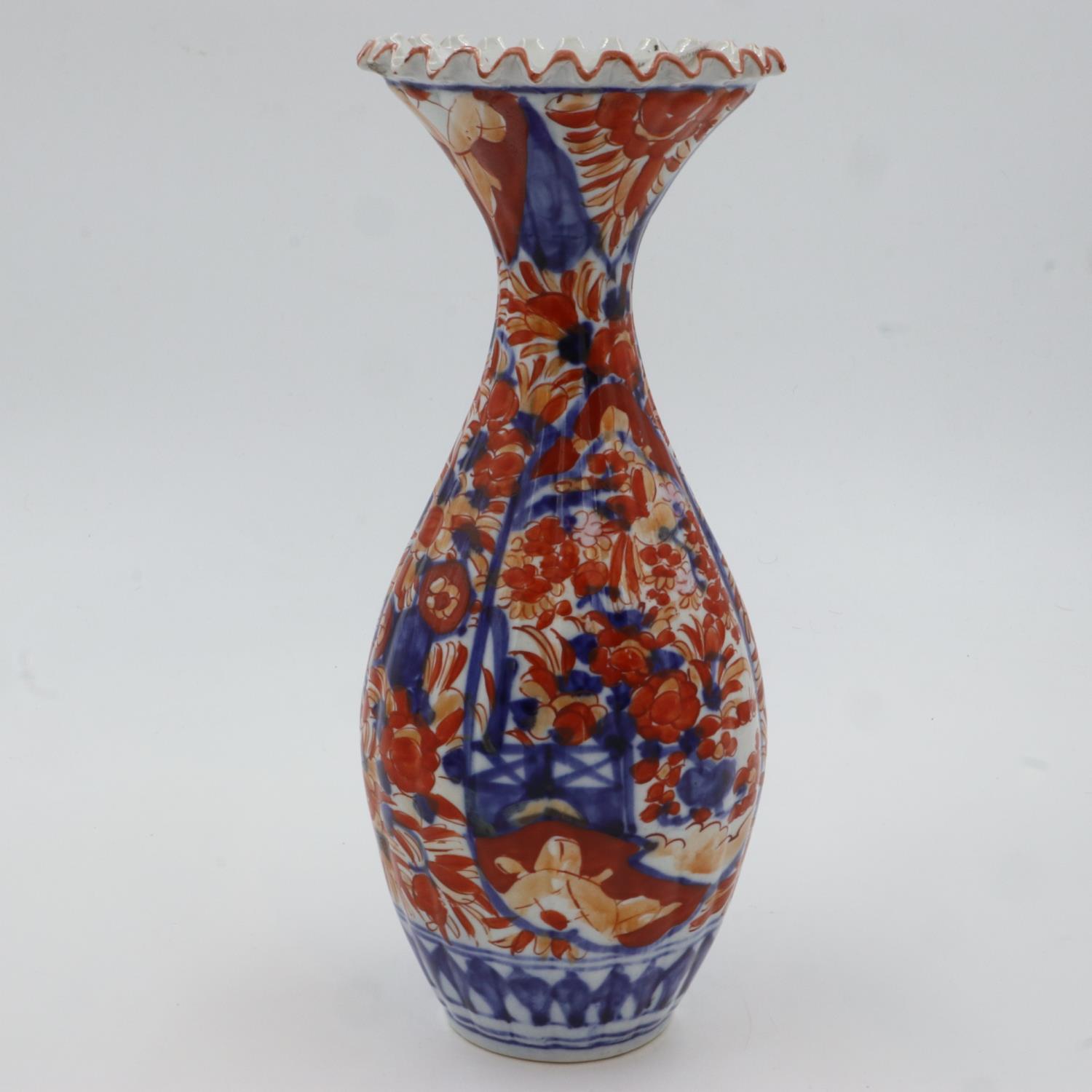 Japanese 19th century fluted vase decorated in Imari colours, H: 32 cm, chip to rim. UK P&P Group