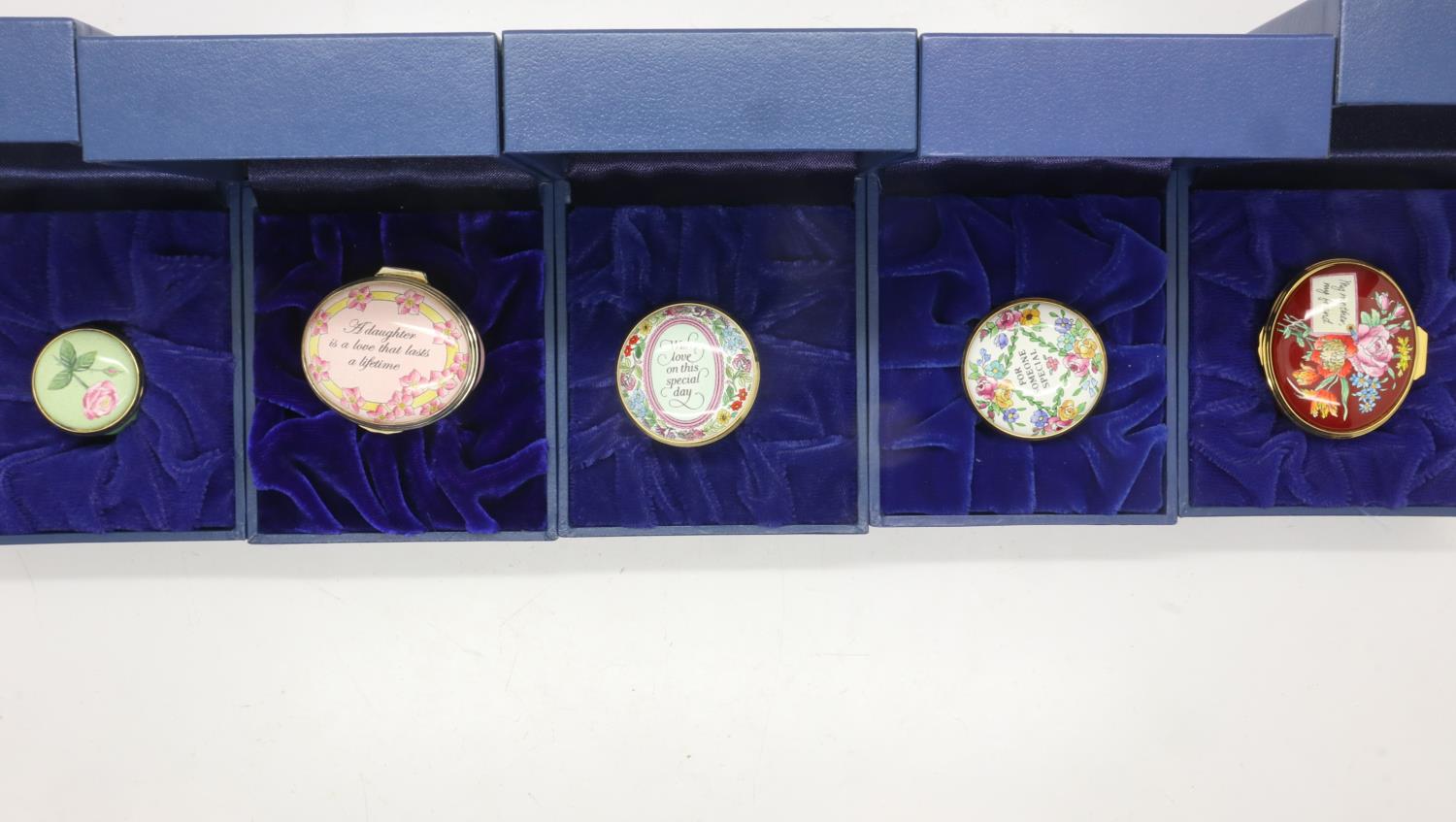 Five Halcyon Days enamel patch boxes, each with certificates. UK P&P Group 1 (£16+VAT for the - Image 2 of 2