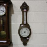 Oak framed aneroid barometer thermometer, H: 100 cm. Not available for in-house P&P