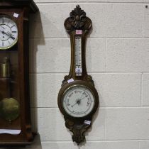 Oak framed aneroid barometer thermometer, H: 100 cm. Not available for in-house P&P