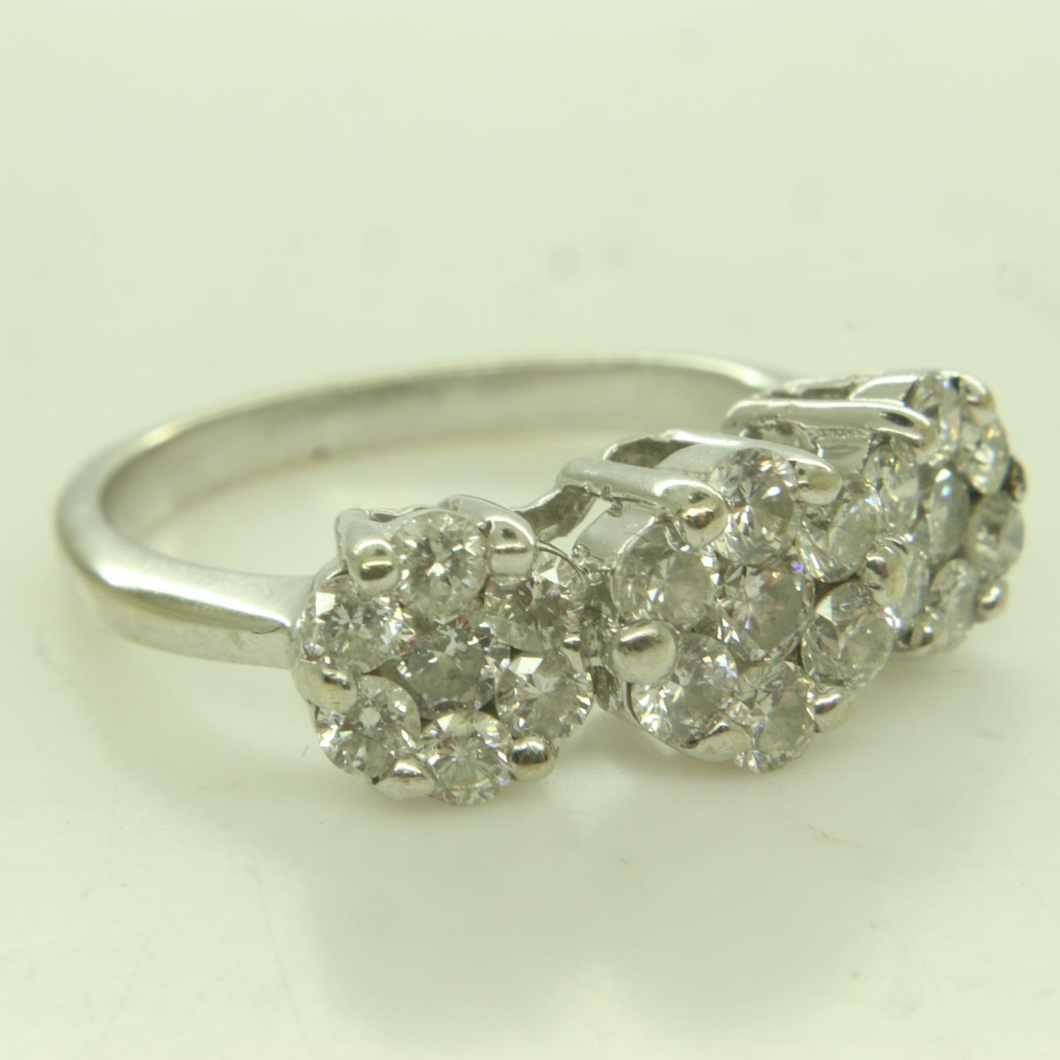 14ct white gold diamond set triple cluster ring, the centre cluster is set with seven round - Image 3 of 3