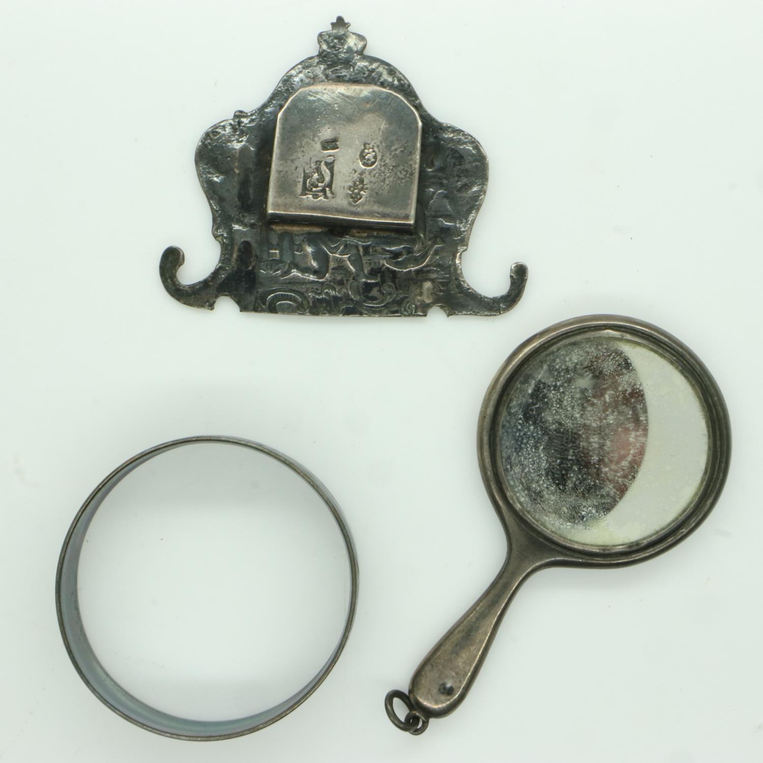 Mixed silver including a Georgian buckle, napkin ring and miniature hand mirror. UK P&P Group 1 (£ - Image 2 of 2