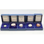 Five Halcyon Days enamel patch boxes, each with certificates. UK P&P Group 1 (£16+VAT for the
