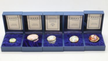 Five Halcyon Days enamel patch boxes, each with certificates. UK P&P Group 1 (£16+VAT for the