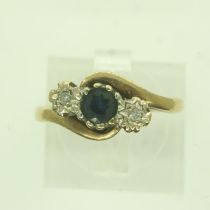 9ct gold trilogy ring set with sapphire and diamonds, size K/L, 2.4g. UK P&P Group 0 (£6+VAT for the