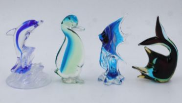 Three glass fish and a duck, H: 16 cm, chip to one fish base, angel fish fin chipped. UK P&P Group 2