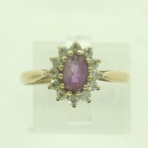 9ct gold ring set with amethyst and cubic zirconia, size O, 1.6g. UK P&P Group 0 (£6+VAT for the
