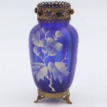 Brass mounted painted blue glass vase, H: 17 cm. UK P&P Group 2 (£20+VAT for the first lot and £4+