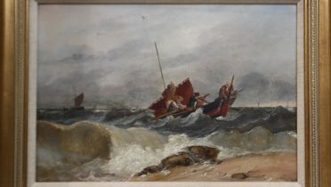 After Alfred Montague (1832-1883): oil on board, Fisher-folk putting out in a choppy sea, label