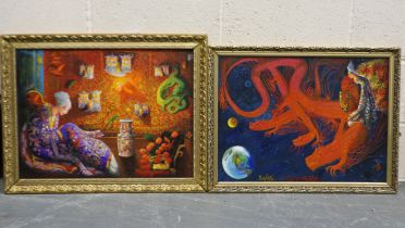 Two 20th century Eastern inspired oils on canvas, interior scene and mythical dragon, largest 60 x