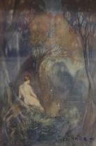 George Hyde Pownall (1876-1932): watercolour, nude in a garden setting with fairy, 18 x 28 cm. Not
